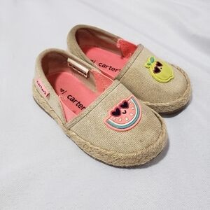 Carters Slip On Espadrille Flats Canvas Fruit Embellished Toddler Size 4 Tan